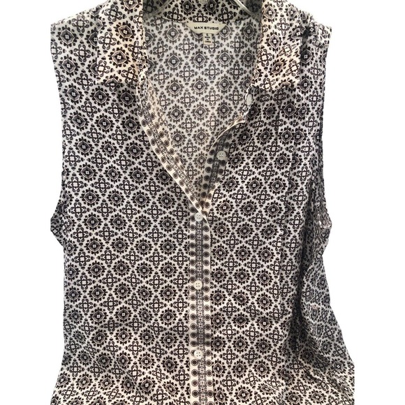 Max Studio Sleeveless‎ Button Up Top White Black Gray Small Print - Picture 1 of 8